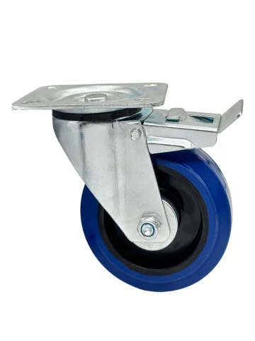 SRCLb 63 - Промышленное усиленное колесо синяя резина 160 мм (площ., повор. с тормозом, роликоподш.)